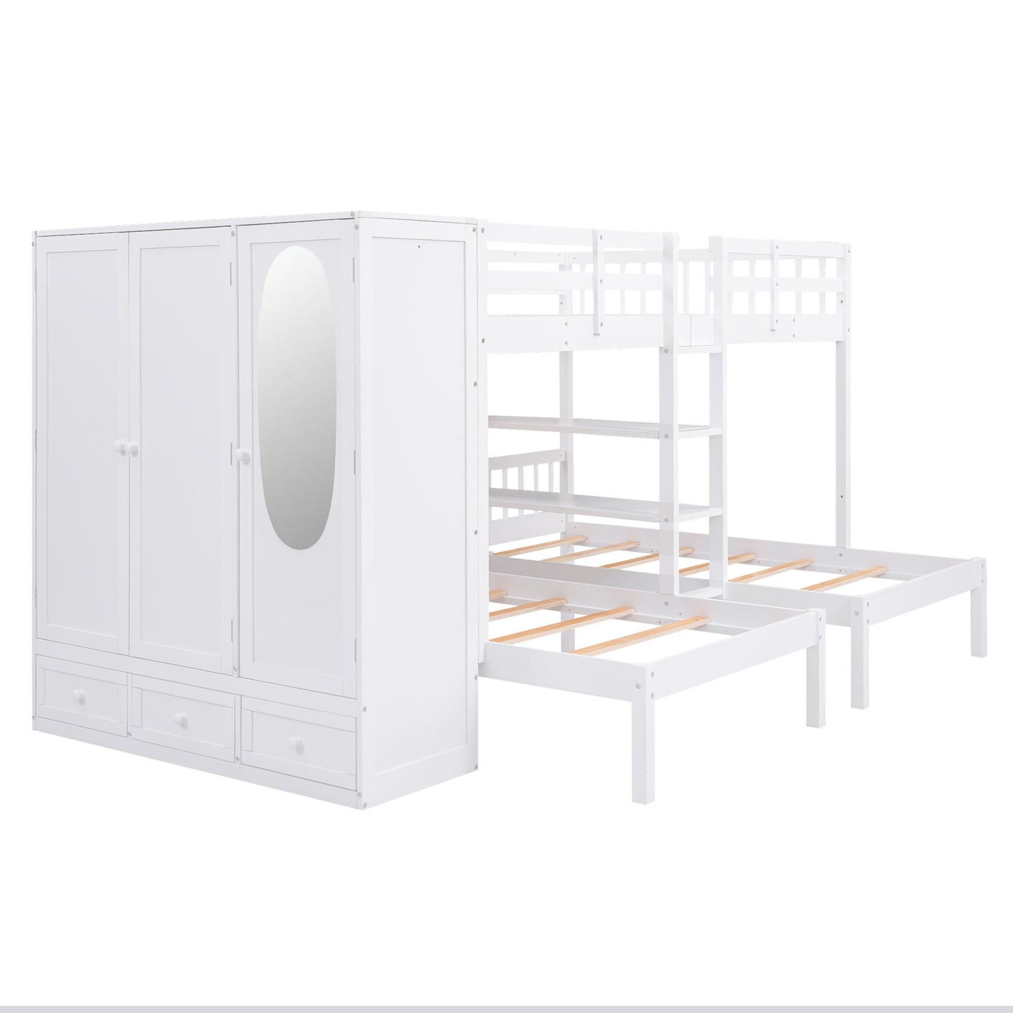 Full-Over-Twin-Twin Bunk Bed with Shelves, Wardrobe and Mirror, White