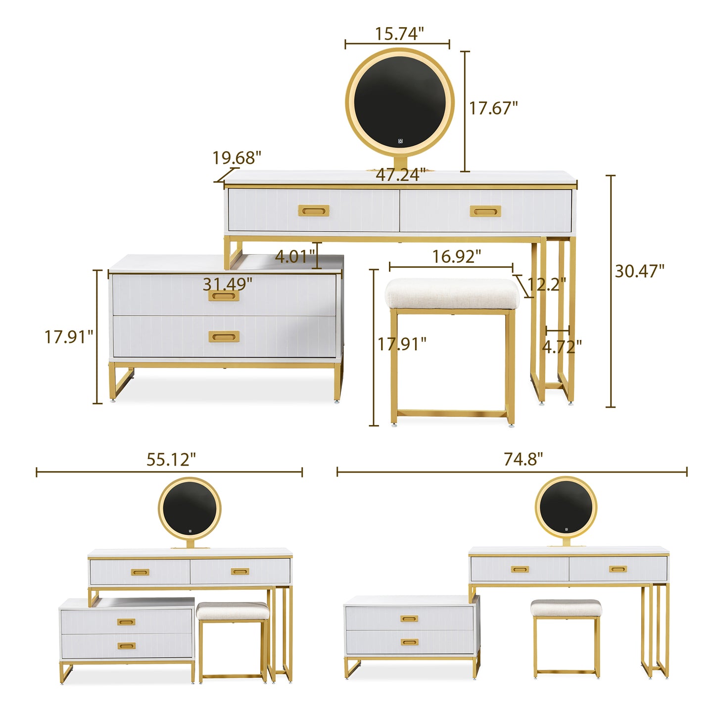 Modern Style Vanity Table With Movable Side Cabinet And 4-Drawers, Large Size Dressing Table With Mirror and 3-colors LED Light, Makeup Table With Stool, White, Golden Legs