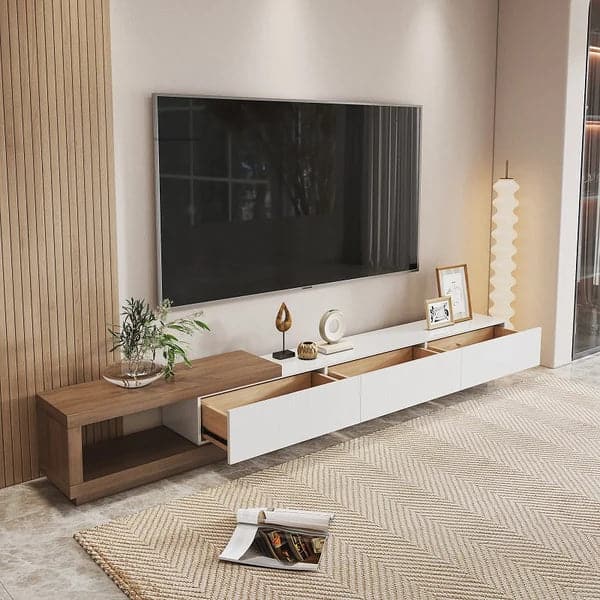 Modern TV Stand Retracted and Extendable 3-Drawer Media Console for TV Up to 80 Inch