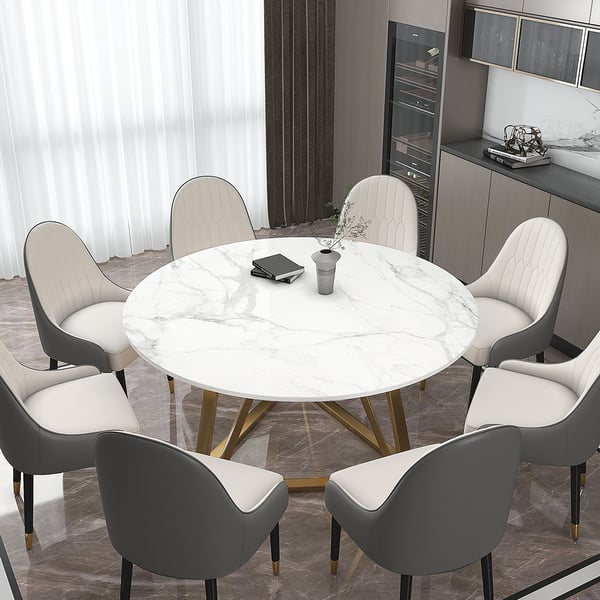 59 Inches White Modern Round Faux Marble Dining Table Stainless Steel Base for 8 Seaters