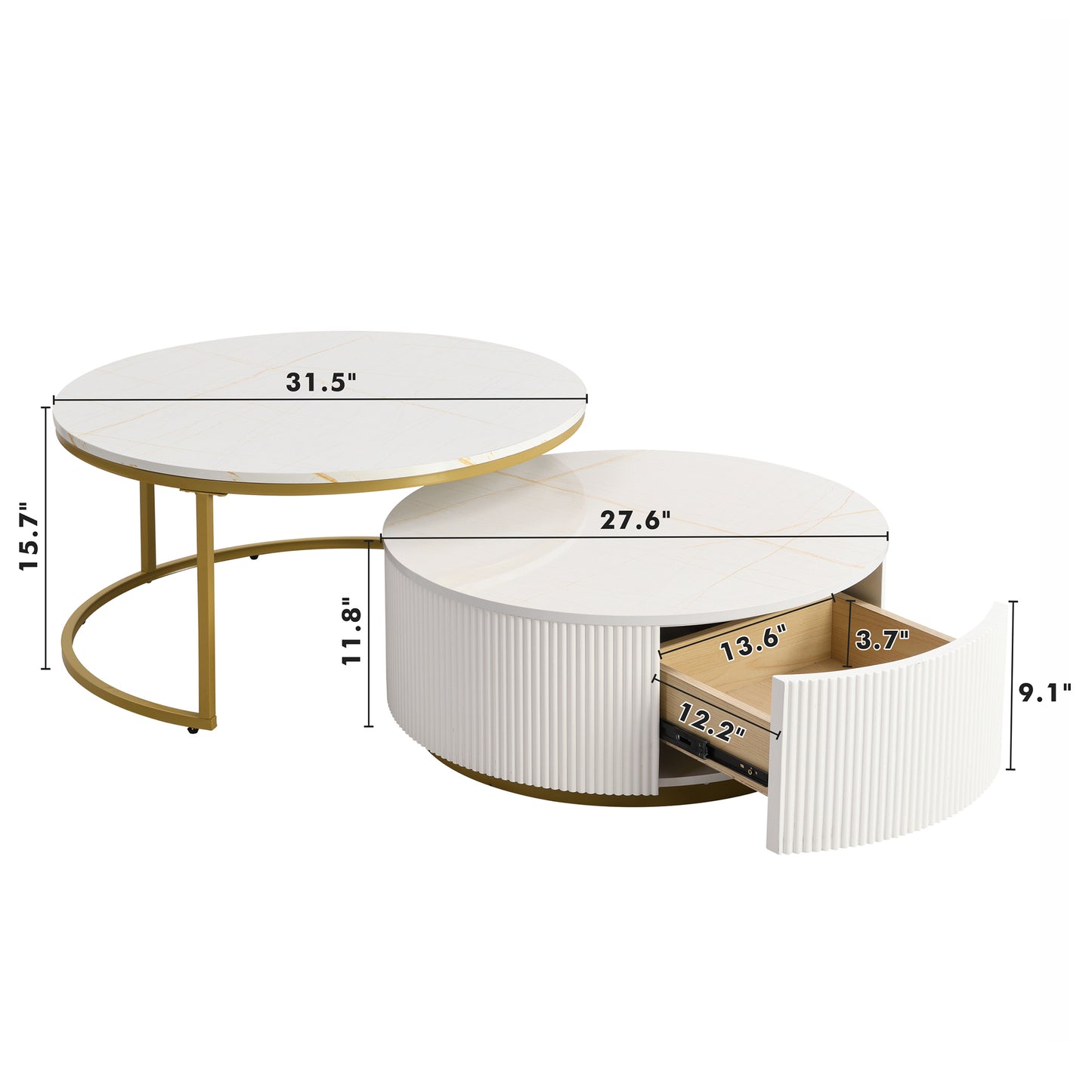 Modern Round Nesting Coffee Table Fluted with Drawer in White & Gold in 31.5''