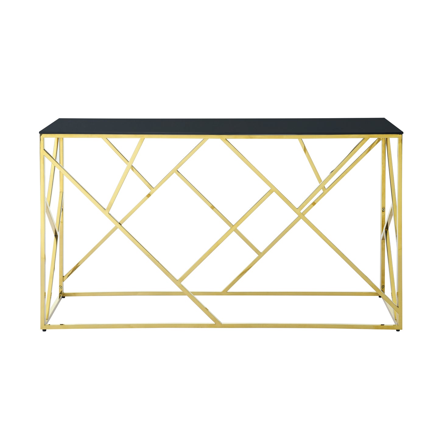 Modern Glass Console Table, 55" Gold Sofa Table with Sturdy Metal Frame and Black Tempered Glass Top, for Living Room Entryway Bedroom, Gold Finish