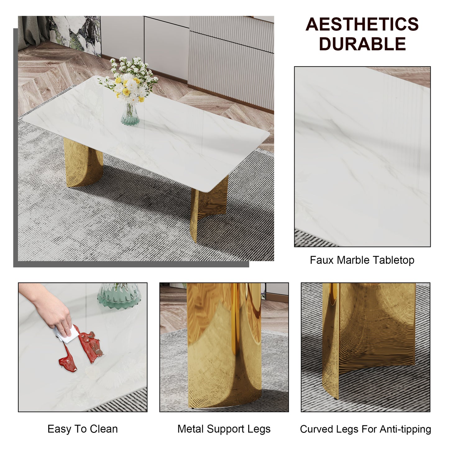 Stylish 71" Minimalist Dining Table with White Imitation Marble Glass Surface and Gold Metal Legs - Ideal for Dining Areas and Living Spaces