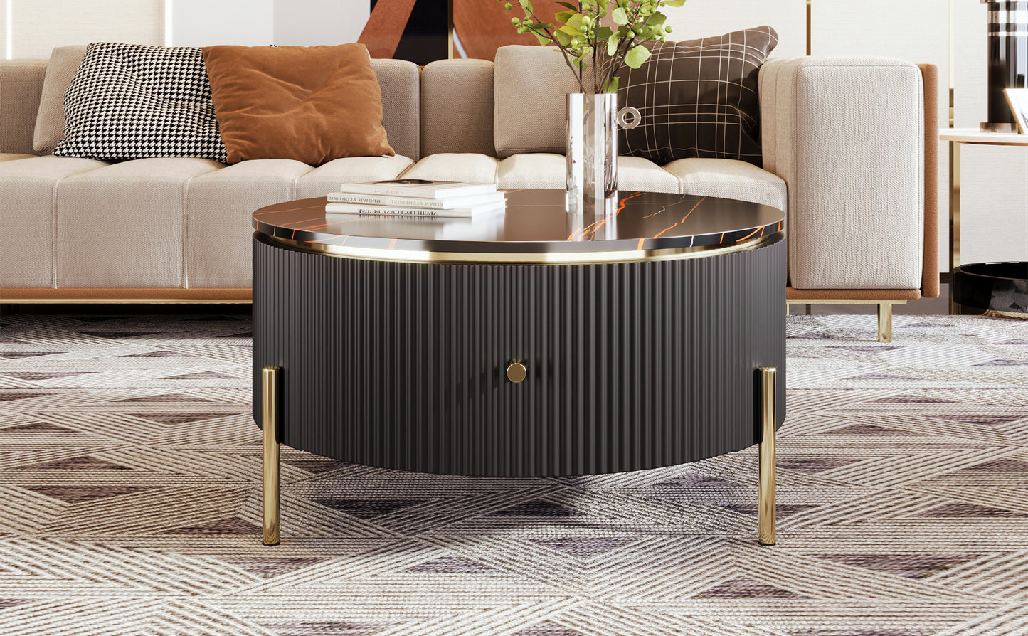 Modern Round Coffee Table with 2 large Drawers Storage Accent Table(31.5'')