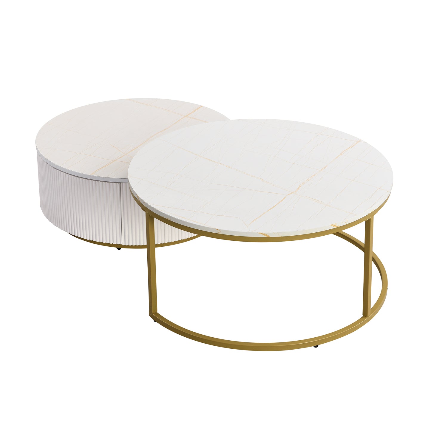 Modern Round Nesting Coffee Table Fluted with Drawer in White & Gold in 31.5''