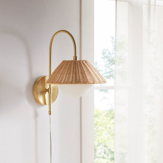 Rattan Weave Wall Sconce in Gold Finish