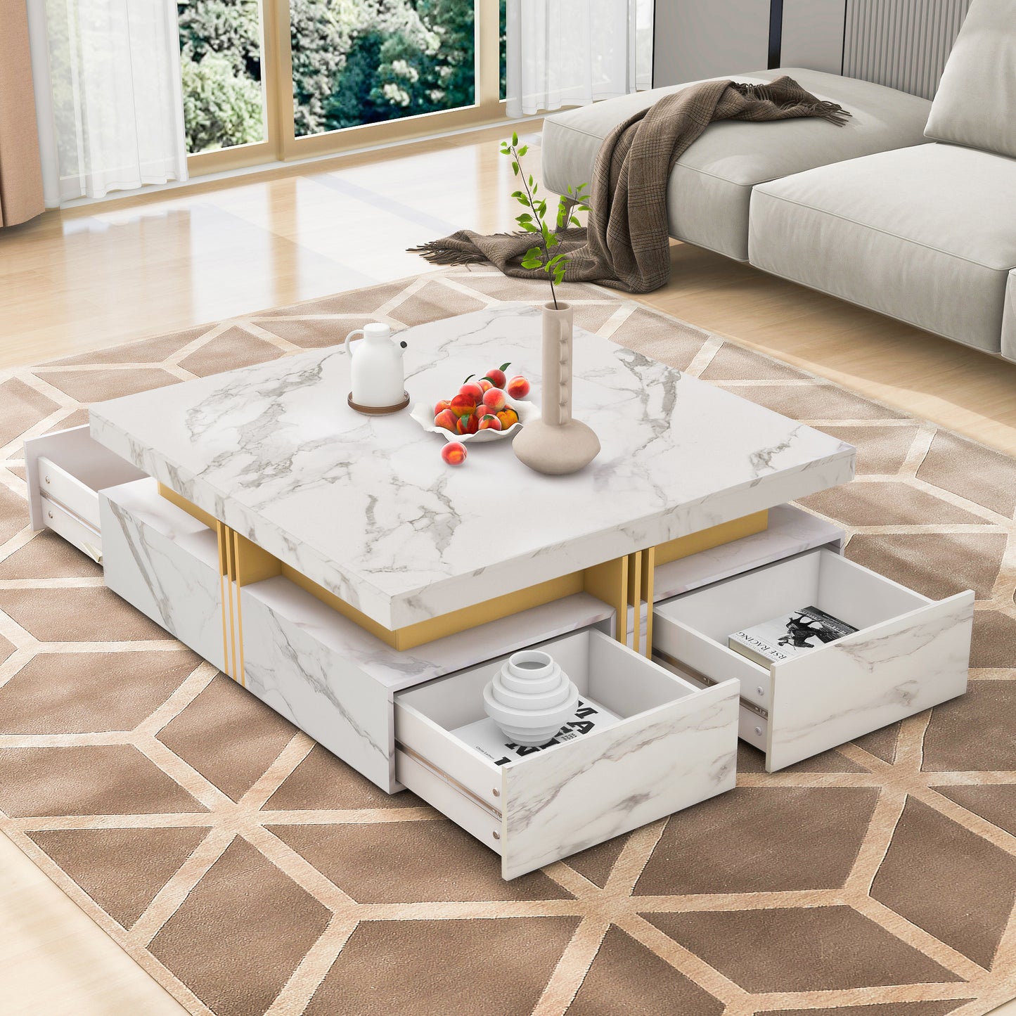 Modern White Square Storage Coffee Table with 4 Drawers