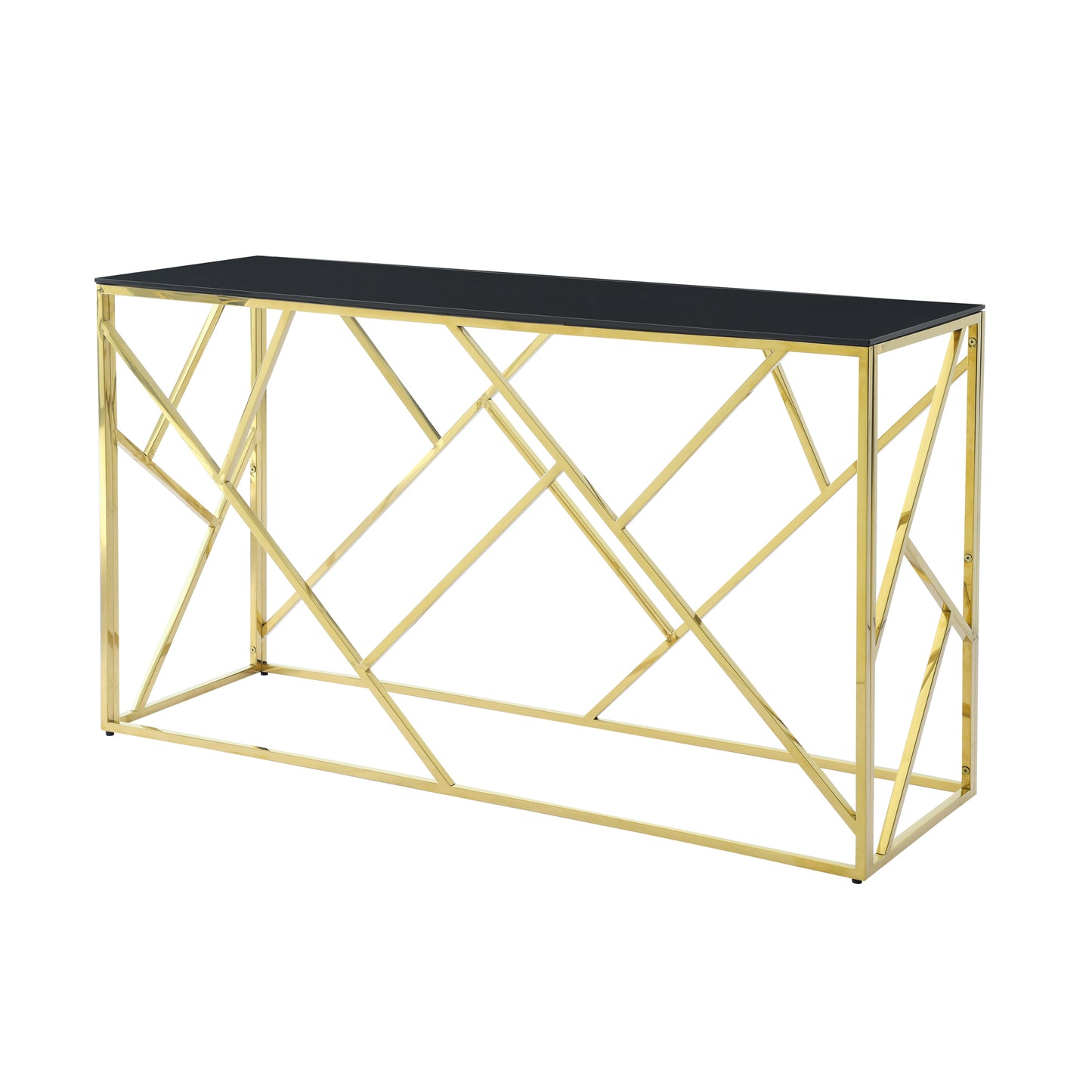 Modern Glass Console Table, 55" Gold Sofa Table with Sturdy Metal Frame and Black Tempered Glass Top, for Living Room Entryway Bedroom, Gold Finish