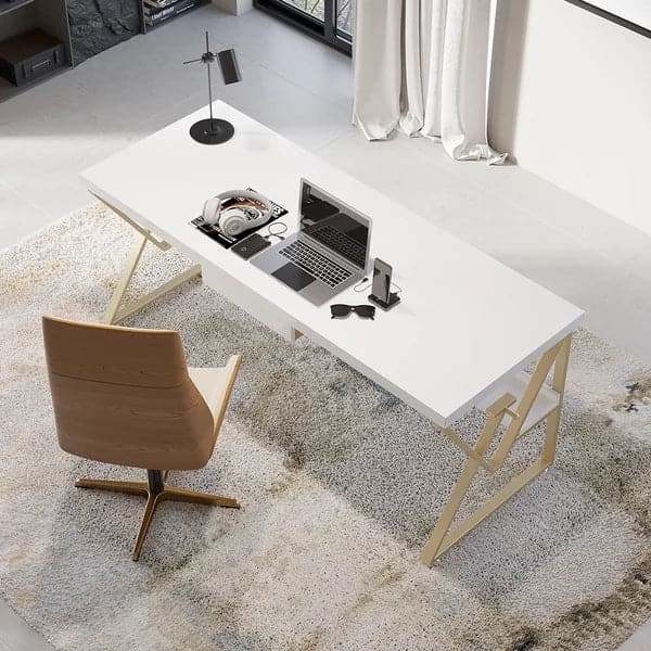 59" Modern White Writing Desk with Drawer & Shelf Wood Top Office Desk