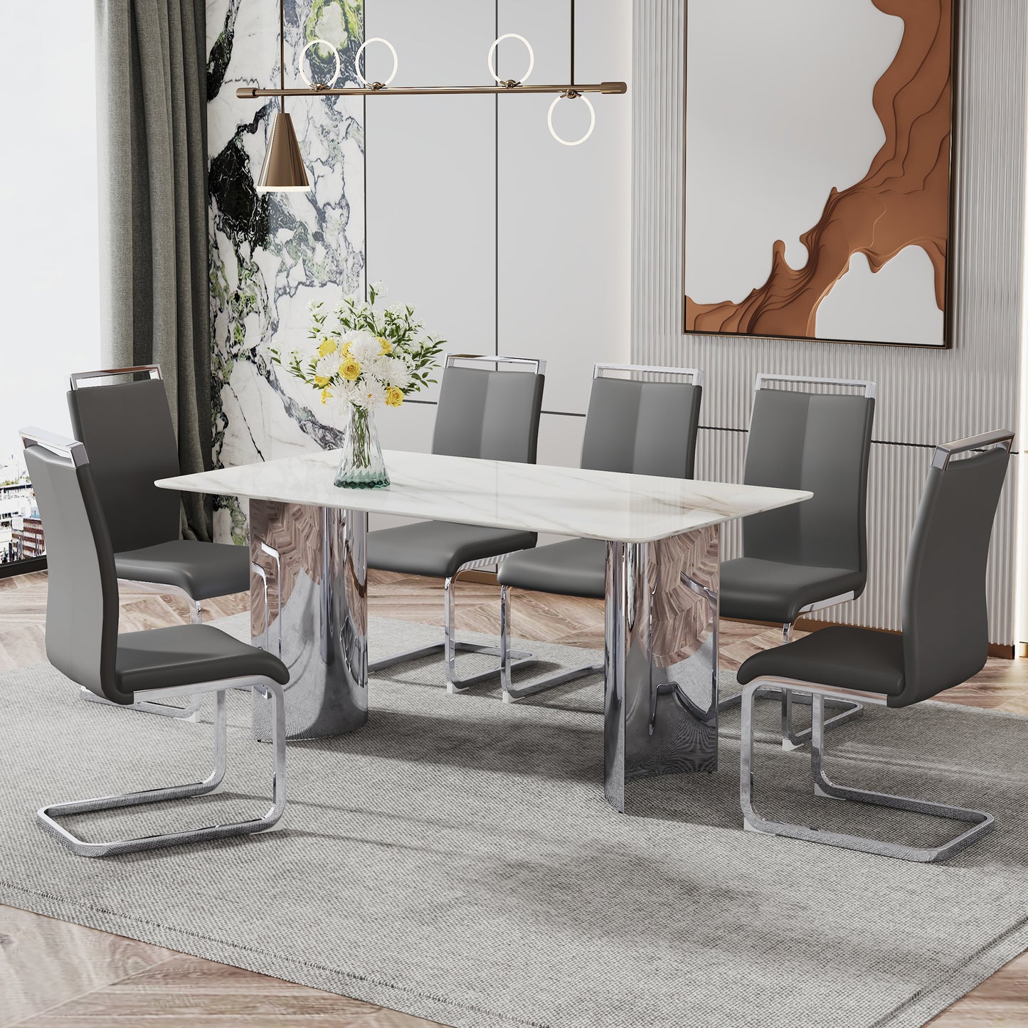 Contemporary White Imitation Marble Glass Dining Table - Stable Stainless Steel Legs for Stylish Dining Rooms