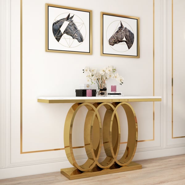 Table console blanche moderne et étroite de 47,2 po avec plateau en faux marbre et base en acier inoxydable