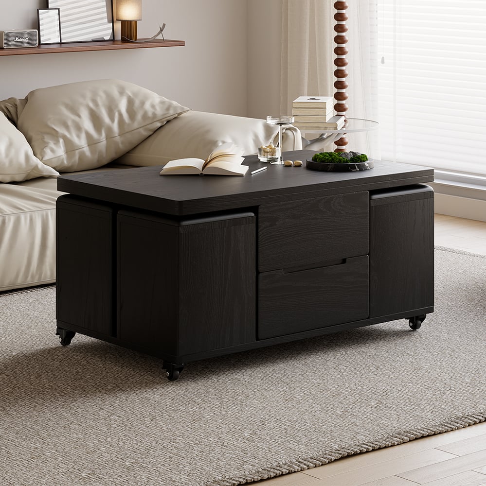 Modern Black Lift Top Coffee Table 4 in 1 with Storage Ottoman Foldable and Casters