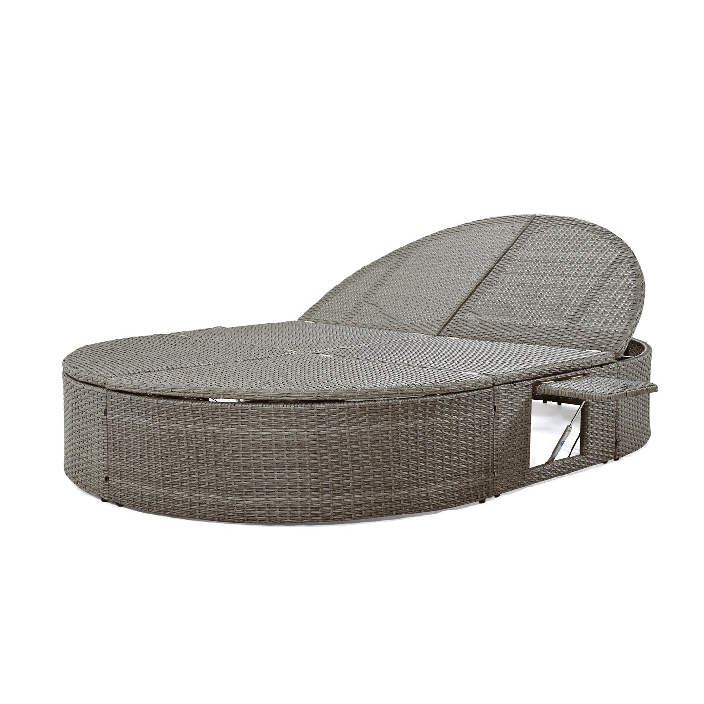 TOPMAX Lit de bronzage d'extérieur pour 2 personnes avec coussins et oreillers, chaise longue inclinable de jardin en rotin avec dossiers réglables et plateaux à tasses pliables pour pelouse, bord de piscine, gris