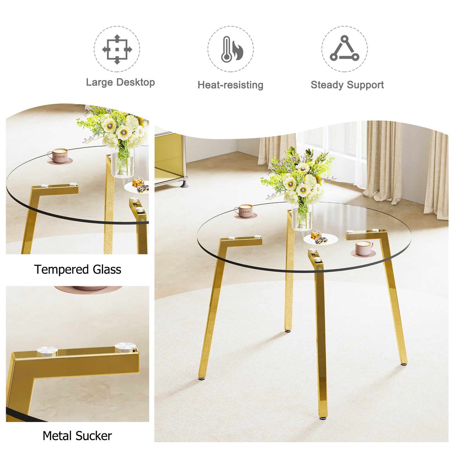 Modern Minimalist Circular Tempered Glass Table with Golden Metal Legs - Perfect for Kitchen, Dining Room