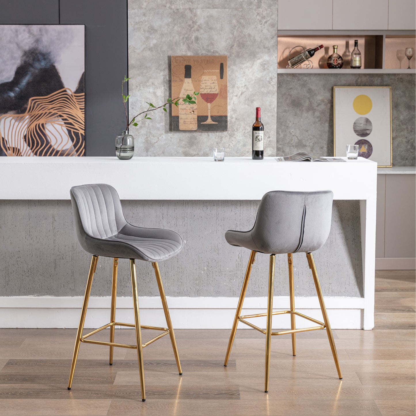 Ensemble de 2 tabourets de bar de 26 pouces, avec repose-pieds chromé, tabouret de comptoir en tissu velours, pied doré, tabouret de bar simple, gris