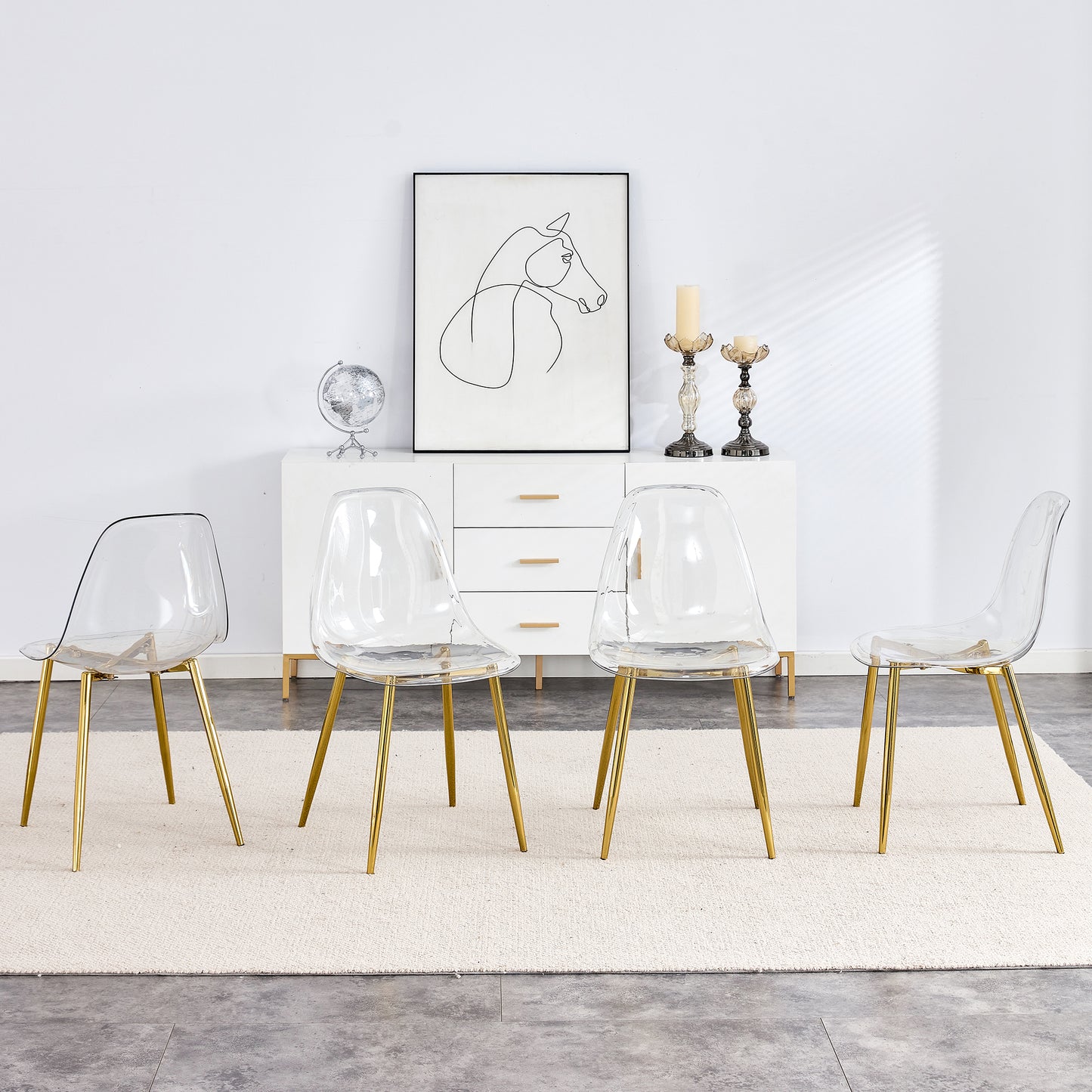 Modern Transparent Dining Chairs - Set of 4 Armless Crystal Chairs with Golden Plating Metal Legs