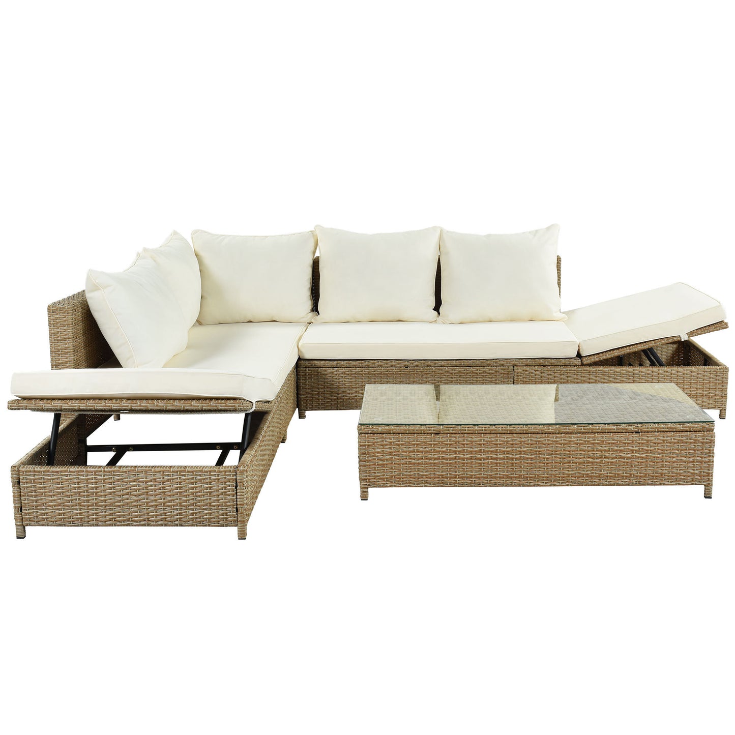 TOPMAX Ensemble de canapé 3 pièces en rotin pour patio, ensemble sectionnel en osier PE résistant aux intempéries, avec cadre de chaise longue réglable et table en verre trempé, marron naturel + coussin beige