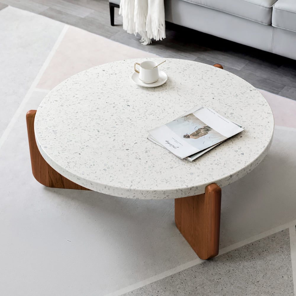 34" White Round Terrazzo Coffee Table with Pine Wood Legs in Walnut