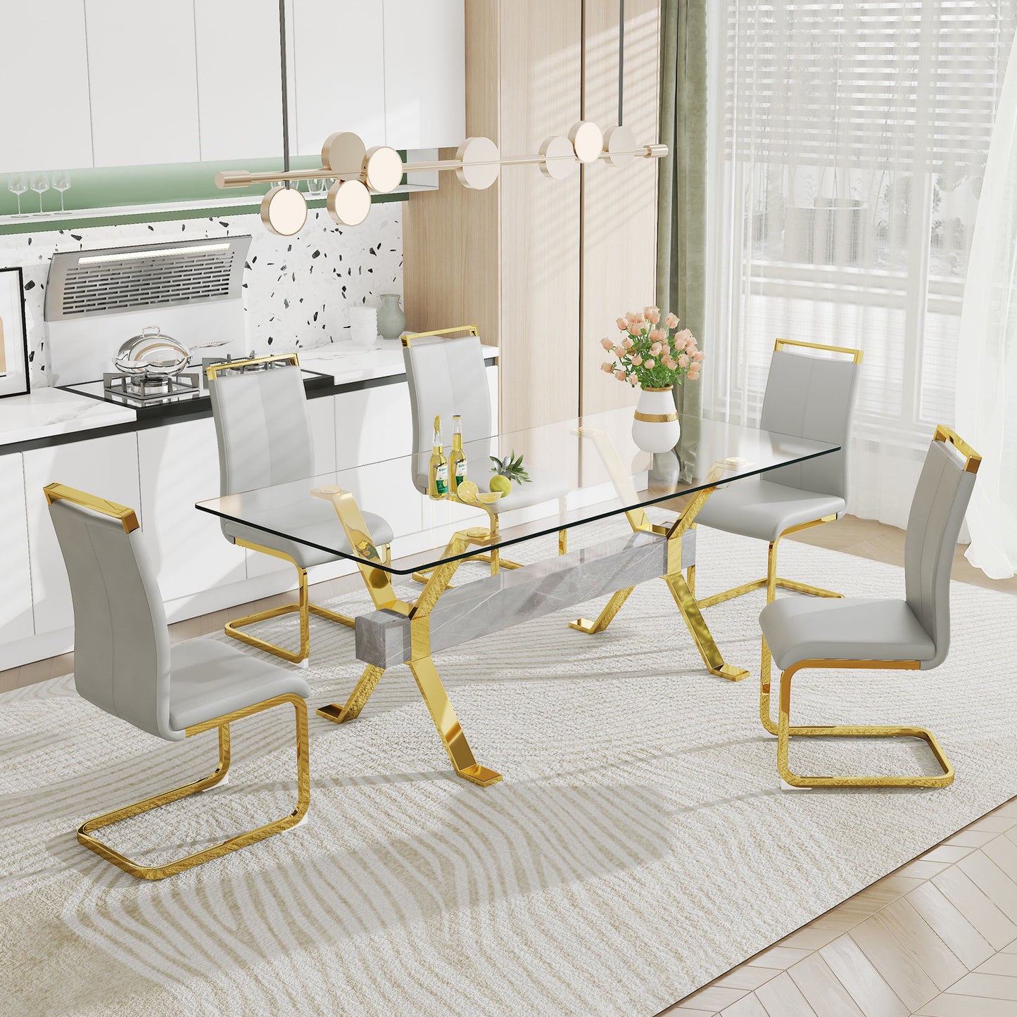 Dining table. Modern tempered glass dining table. Large modern office desk with gold plated metal legs and MDF crossbars, suitable for both home and office use. Kitchen. 79 ''x39''x30 '' 1105