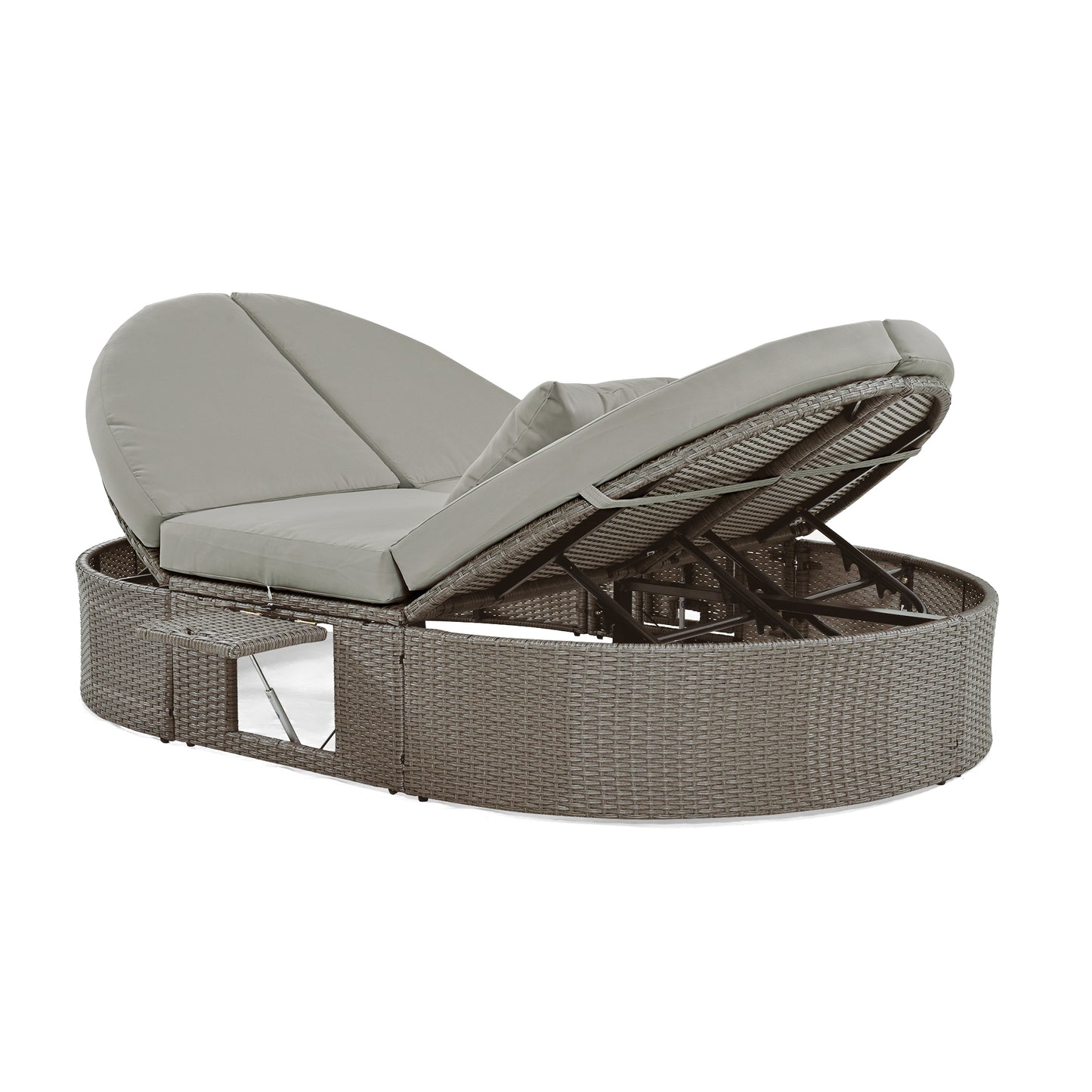 TOPMAX Lit de bronzage d'extérieur pour 2 personnes avec coussins et oreillers, chaise longue inclinable de jardin en rotin avec dossiers réglables et plateaux à tasses pliables pour pelouse, bord de piscine, gris