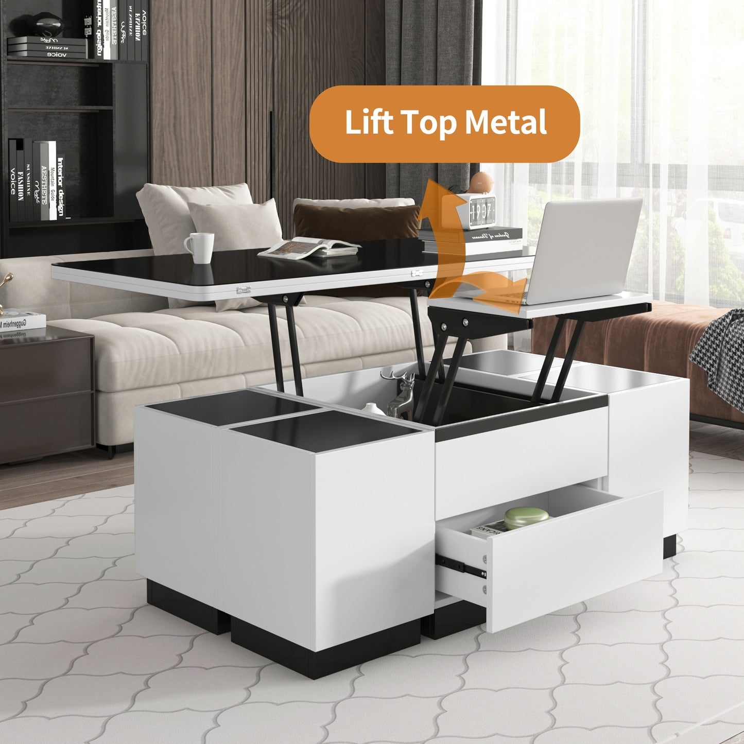 Modern White Lift Top Glass Coffee Table with Drawers & Storage Multifunction Table