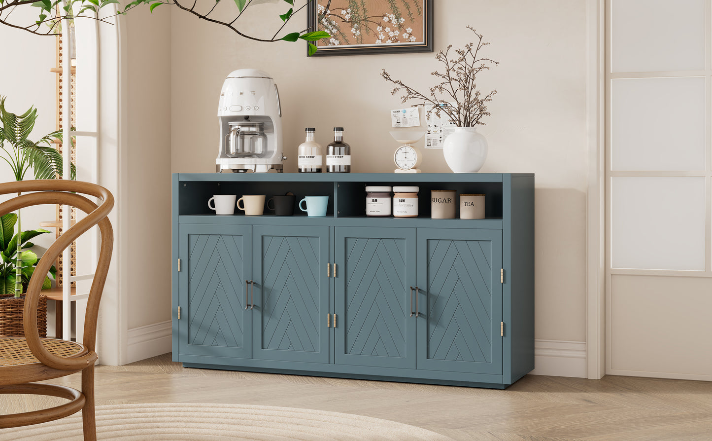 TREXM 4-door Classic Sideboard with Open Storage and Adjustable Shelves Perfect for kitchens,  living rooms (Smoke Blue)