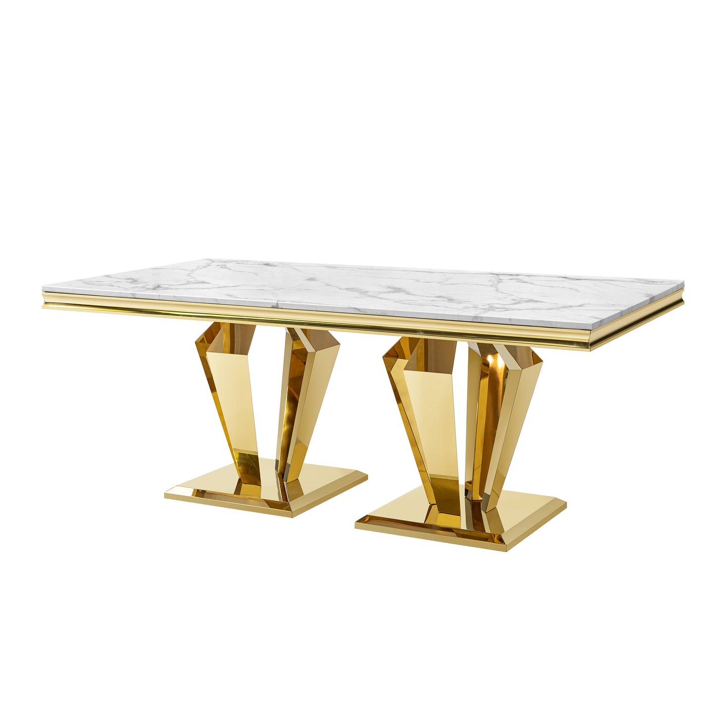 Dining Table for 6 or 8, Rectangular 78.74" L x 39.37" W x 29.92" H Gold Polished Stainless Steel Base MDF Marble Top