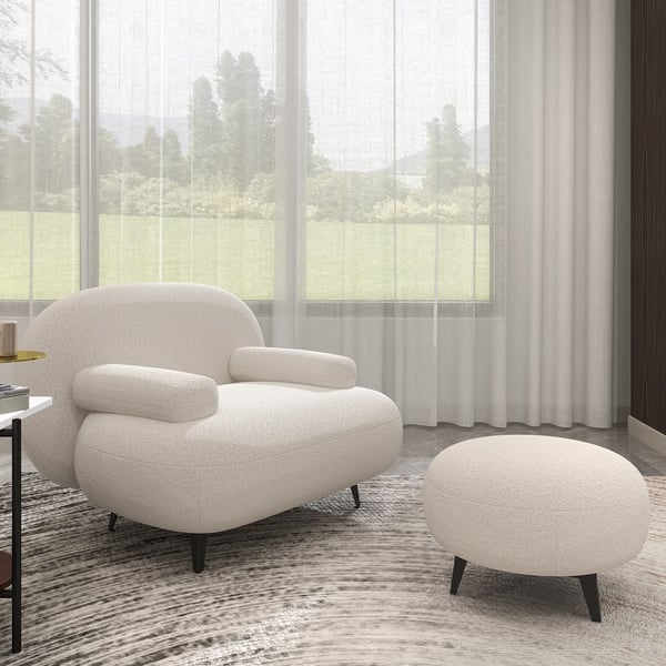 Chaise d'appoint moderne en boucle crème blanche avec pouf ottoman, chaise longue avec repose-pieds