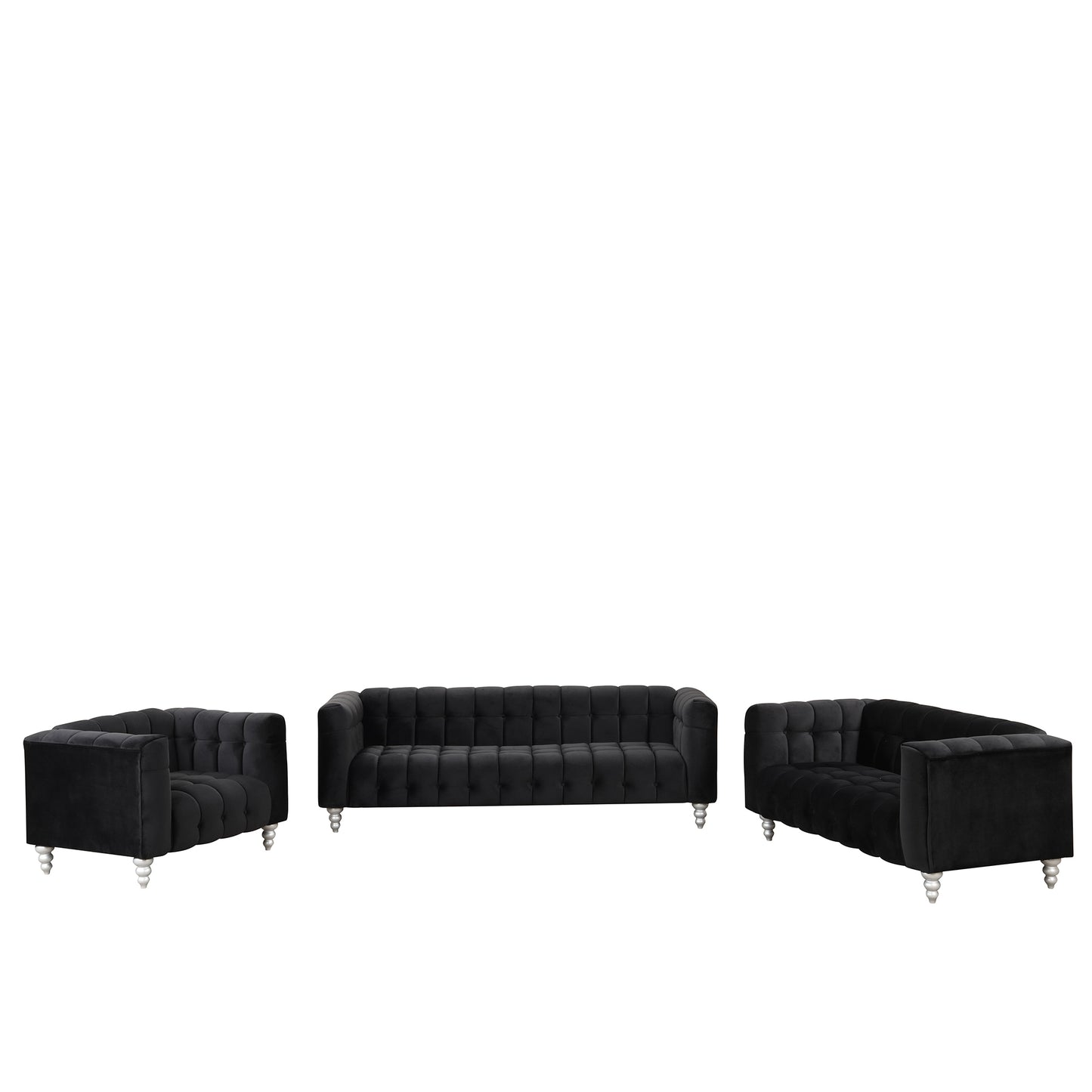 Modern 3-piece sofa set with solid wood legs, buttoned tufted backrest, Dutch fleece upholstered sofa set including three-seater sofa, double seat and living room furniture set single chair, black