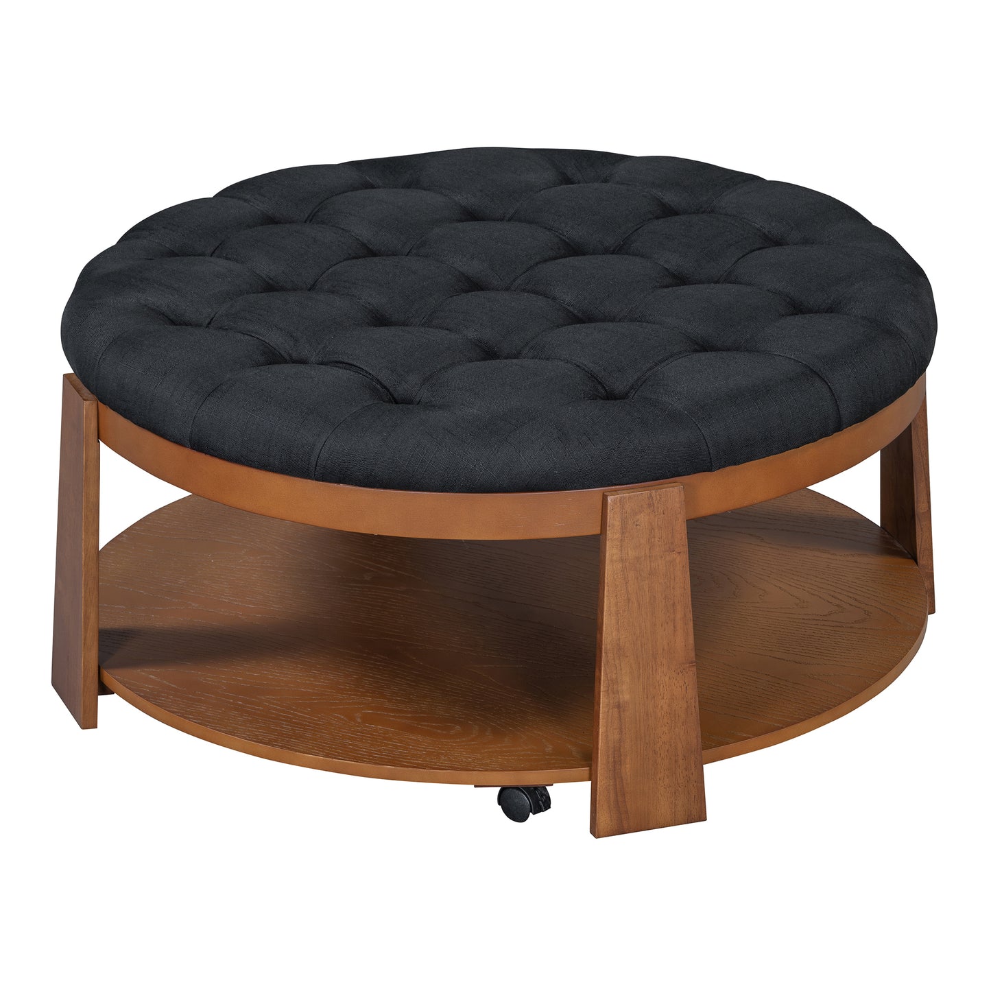 Modern Large Round Ottoman Coffee Table 2-Tier Oversized Button Tufted Ottoman with Wood Shelf Storage Upholstered Coffee Table for Living Room Footrest Ottoman with wheel, waterproof Linen