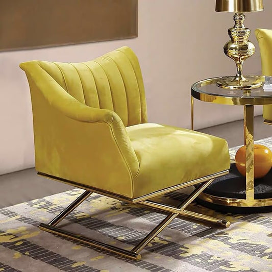 Yellow Velvet-upholstered Accent Chair in Gold Legs Style in A Right Side Chair