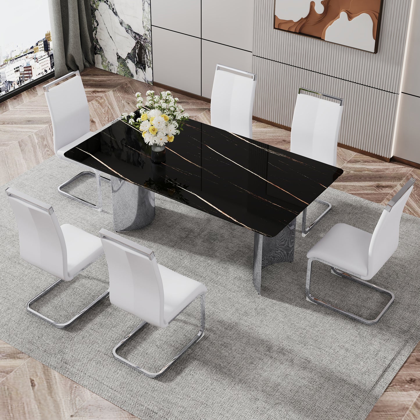 Modern minimalist dining table. The black imitation marble glass desktop is equipped with silver metal legs. Suitable for restaurants and living rooms 71 "* 39.3" * 29.5 "DT-69