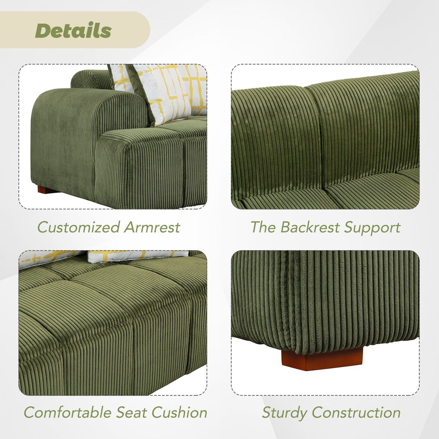 103.9" Modern Couch Corduroy Fabric Comfy Sofa with Rubber Wood Legs, 4 Pillows for Living Room, Bedroom, Office, Green