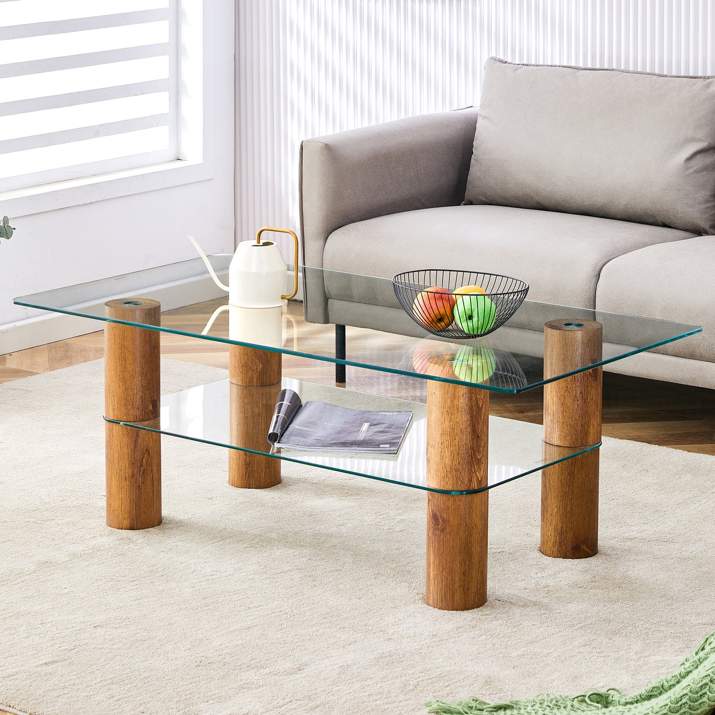 Modern Minimalist Double-Layer Transparent Tempered Glass Coffee Table with Wooden MDF Decorative Columns