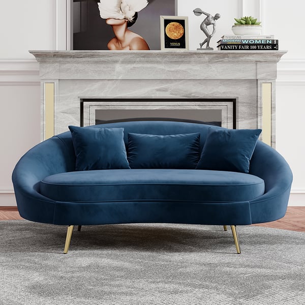 Modern 63 Inches Blue Velvet Curved Sofa Gold Legs Toss Pillow Included