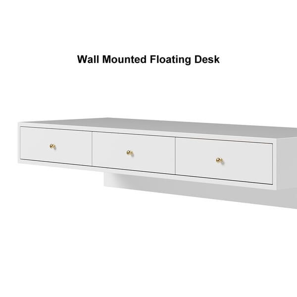 Modern White Floating Desk with Drawers Wall Mounted Desk in Pine Wood Frame