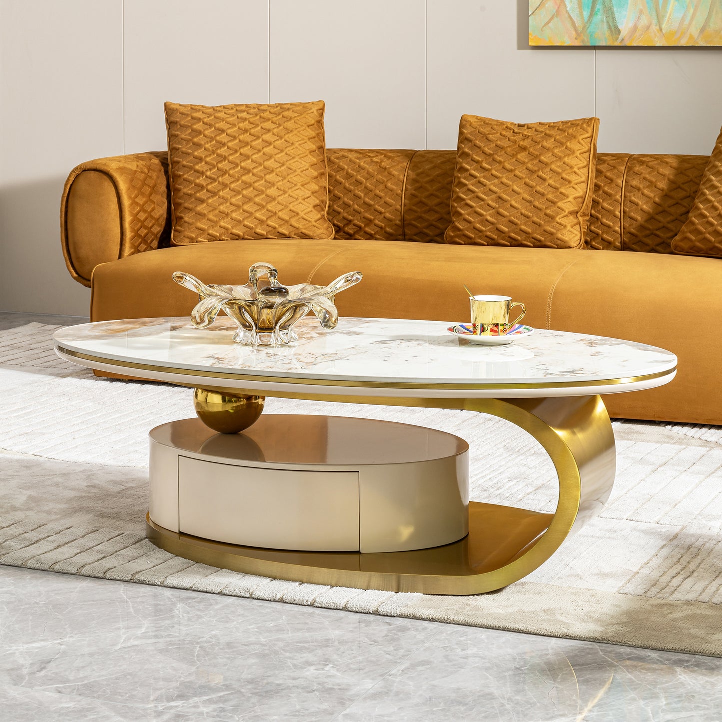 Modern 0.47" thickness sintered stone coffee table with 2 drawers,Matt gold stainless steel base