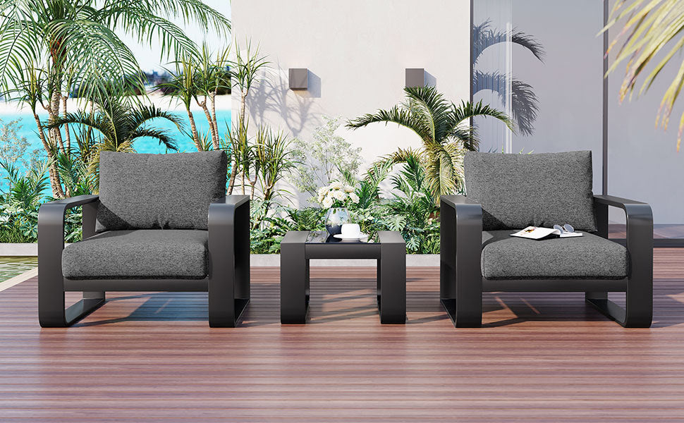 GO Meubles de patio à cadre en aluminium 3 pièces avec coussin de 6,7 po d'épaisseur et table basse, chaise d'extérieur en tissu oléfine tous temps, gris et noir