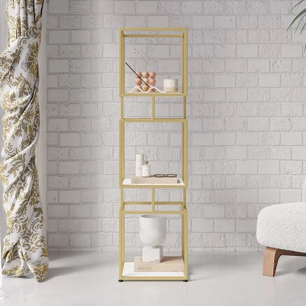 3-Tier Modern Black Cube Bookcase with Metal Tower Display Shelf in Gold Frame