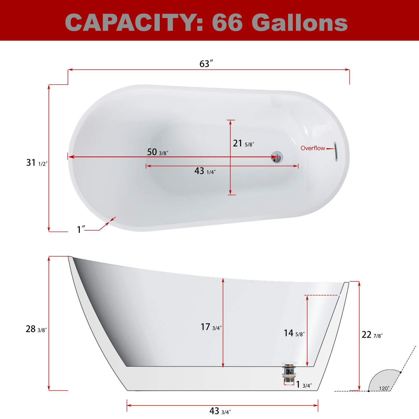 Modern High-Gloss Acrylic Soaking Bathtub in White – Freestanding Design with Chrome Overflow