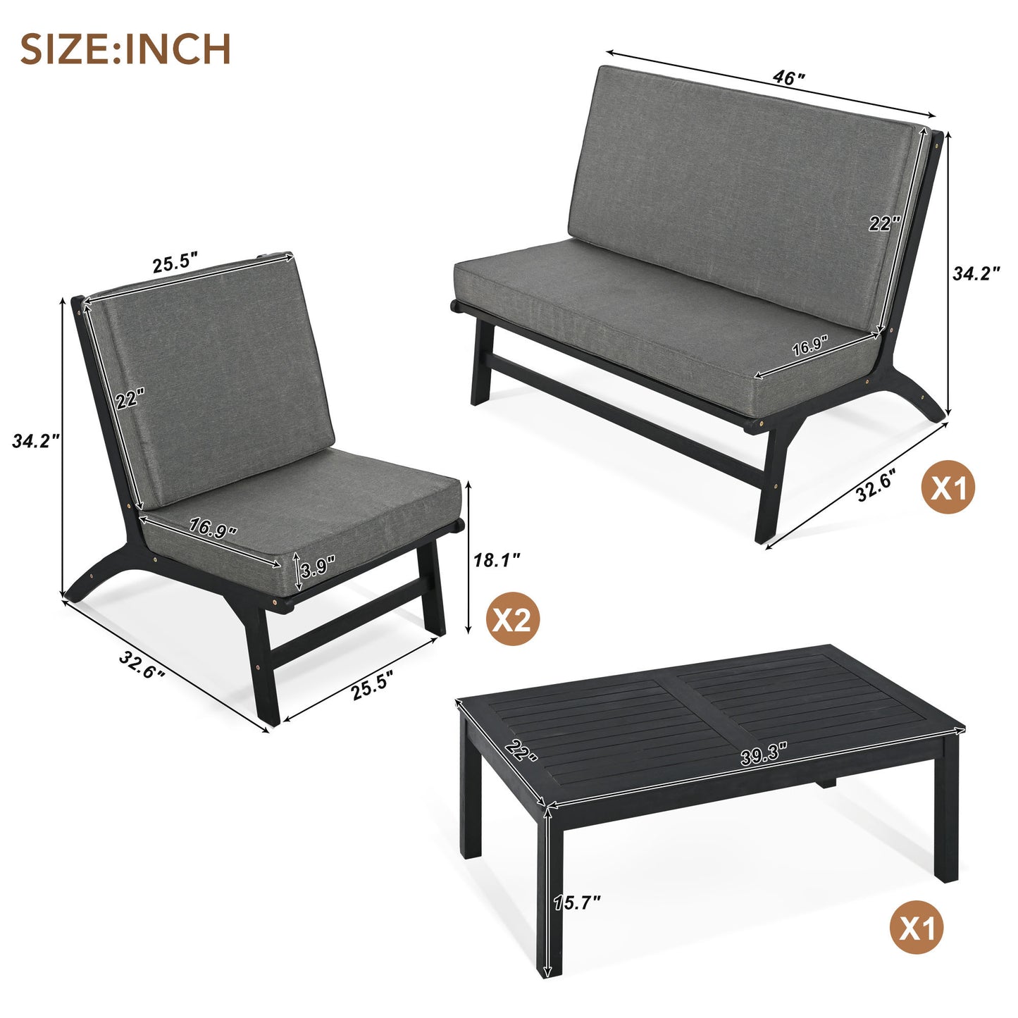 Ensemble de sièges en forme de V GO 4 pièces, canapé d'extérieur en bois massif d'acacia, meubles de jardin, sièges d'extérieur, noir et gris
