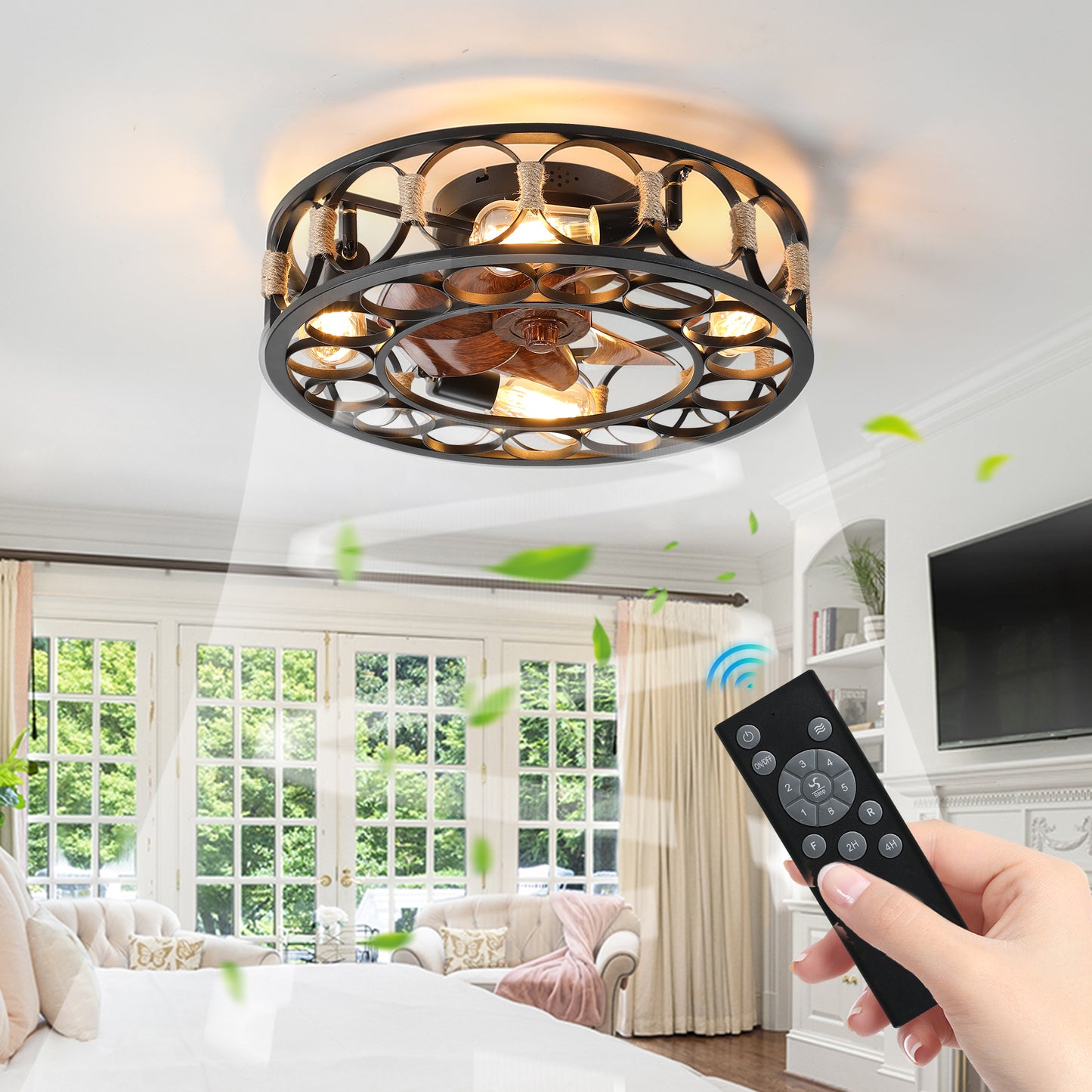 Flush Mount Caged Ceiling Fan with Lights - 6-Speed Reversible Blades & Remote Control, 5 LED Bulbs Included