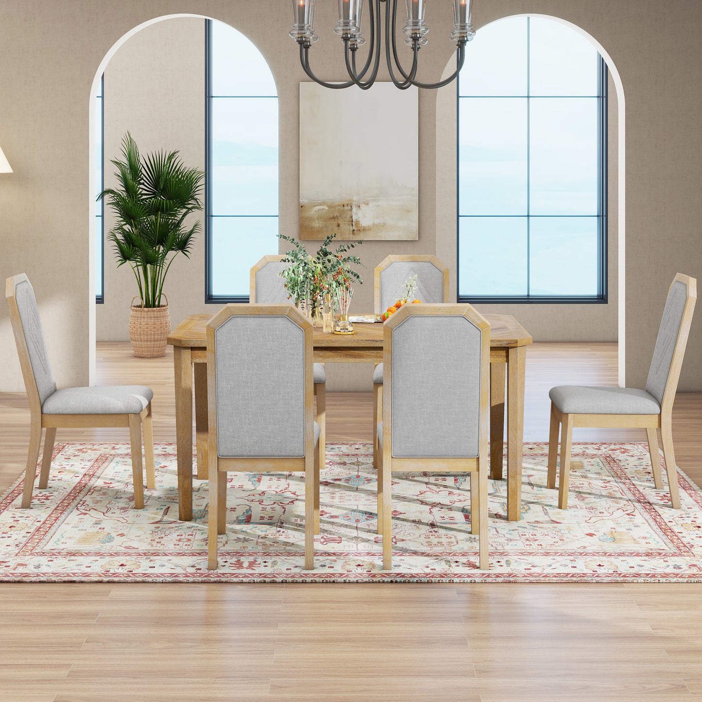 TREXM 7-Piece Farmhouse Dining Set Classic Rustic Table and 6 high-back design Chairs for Dining Room, Kitchen (Natural Wood Wash)