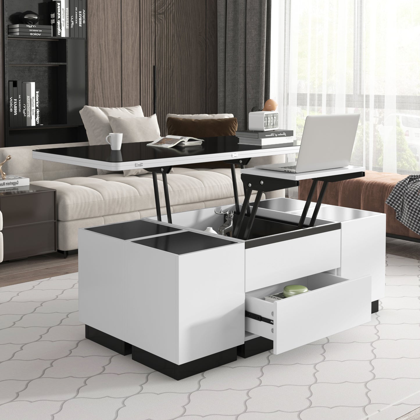 Modern White Lift Top Glass Coffee Table with Drawers & Storage Multifunction Table