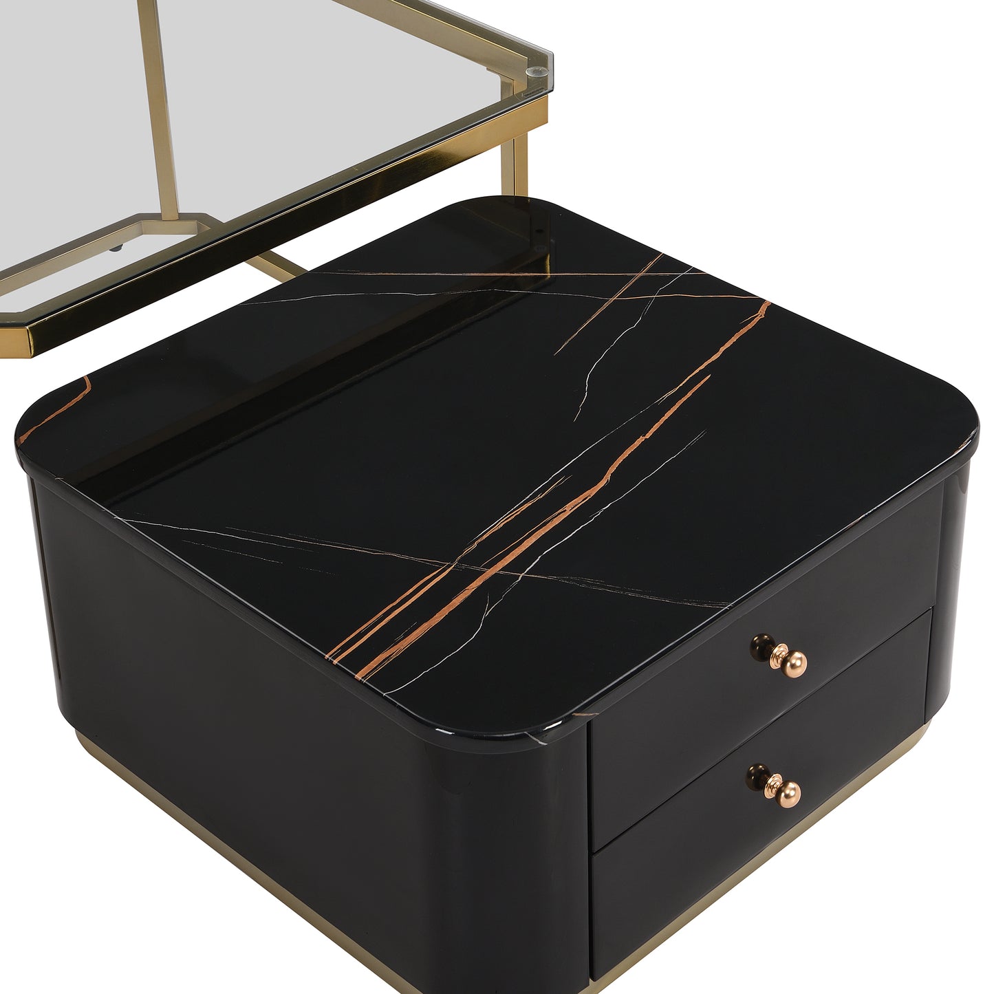 Modern 2 Pieces Black  Square Nesting  Coffee Table with Drawers & Electroplated gold legs in 27.6''