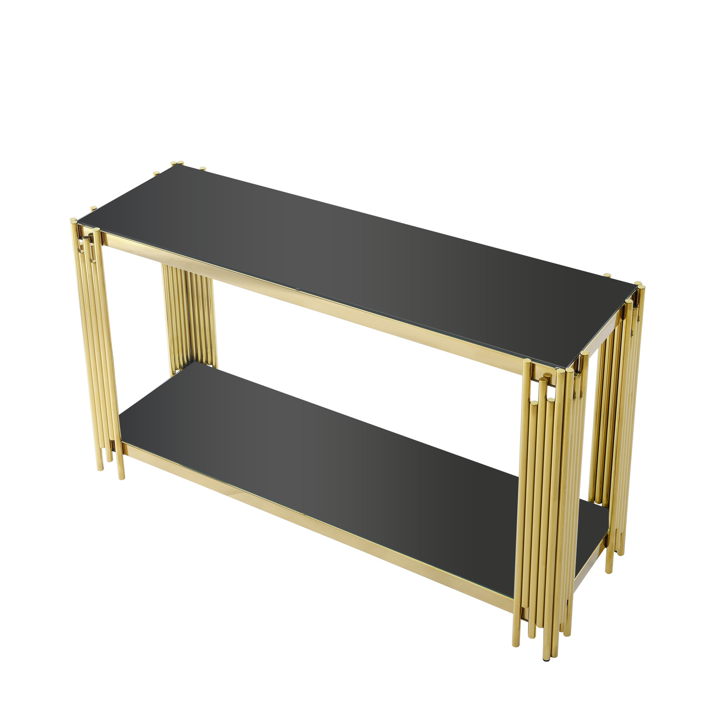 Modern Glass Console Table, 55" Gold Sofa Table with Sturdy Metal Frame and Black Tempered Glass Top, for Living Room Entryway Bedroom, Gold Finish