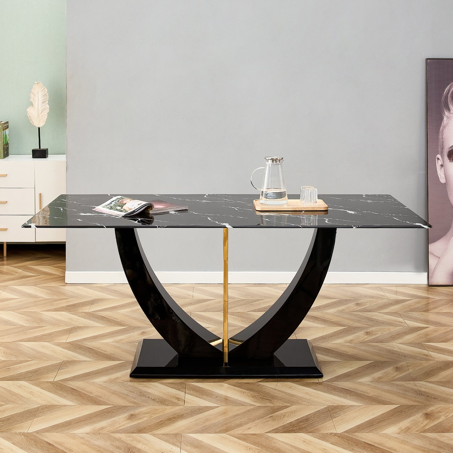 Stylish Rectangular Dining Table with Luxurious Black Imitation Marble Texture - Versatile Desk for Home