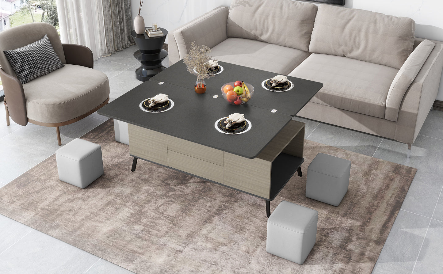 5 Pieces Lift Top Coffee Table Set with Storage Convertible Dining Table with Ottomans