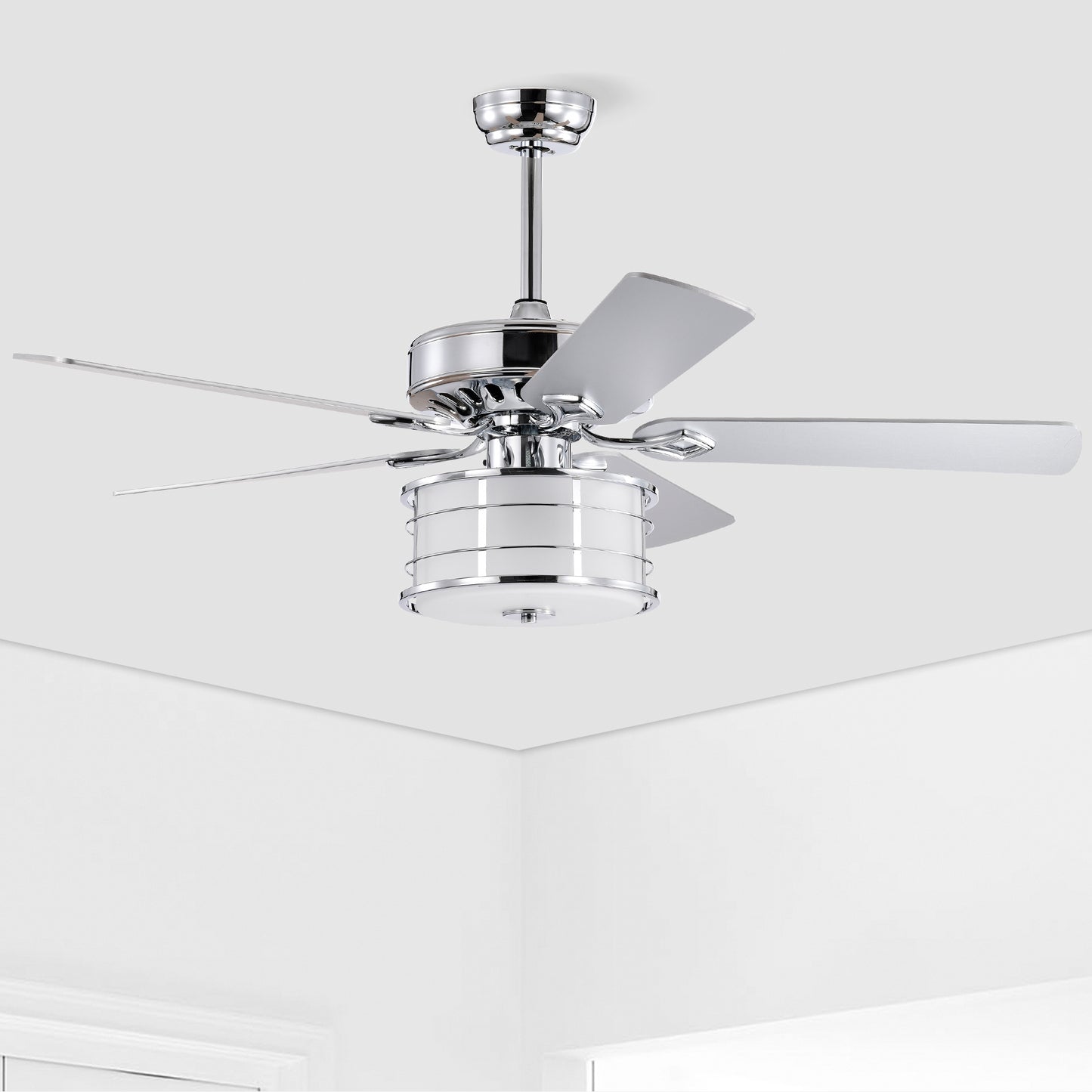 52" Chrome Drum Shade LED Ceiling Fan with 3 Lights & Remote - Rustic Farmhouse Meets Modern Glam