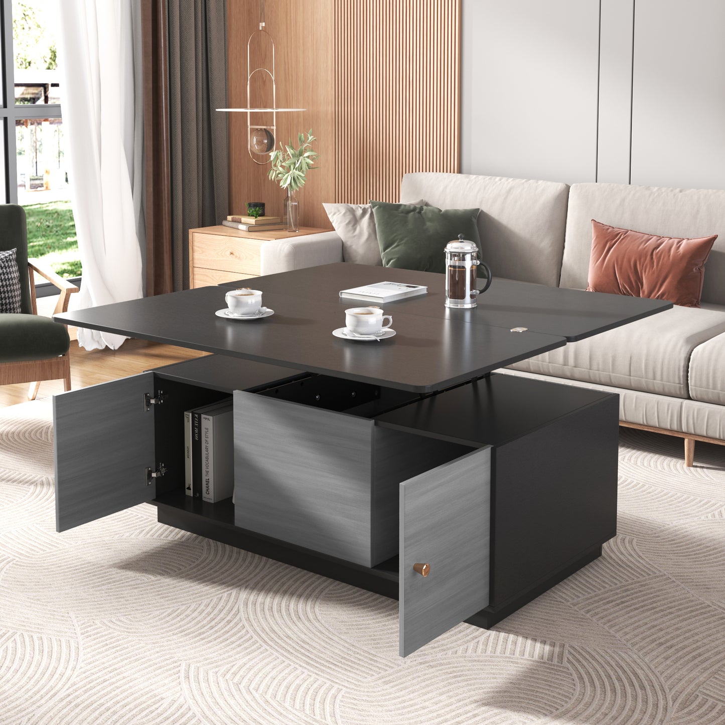 Modern Gray Multi-functional Rectangle Lift-top Coffee Table Extendable with Storage